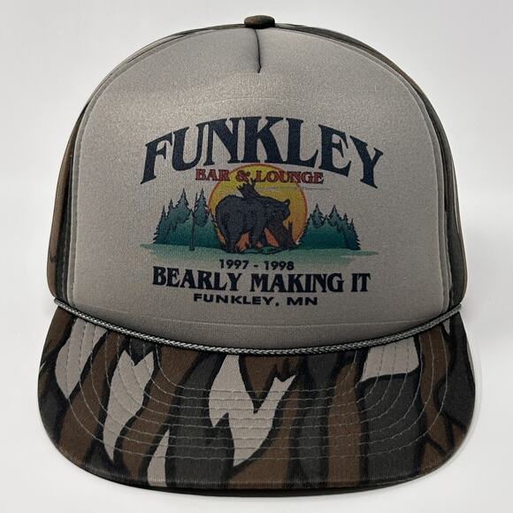 Vintage 90s Funkley Bar & Lounge Hat Cap Gray Camouflage Minnesota Snapback - Picture 9 of 9